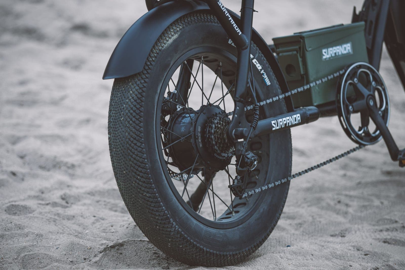 The hub motor and rear wheel of an electric bicycle in close-up.