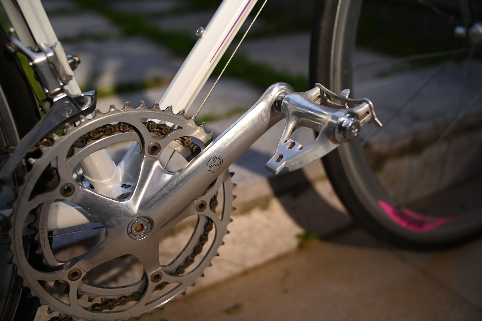 A road bike crankset and pedal in low sunlight, chainrings and crank arm in sharp focus.