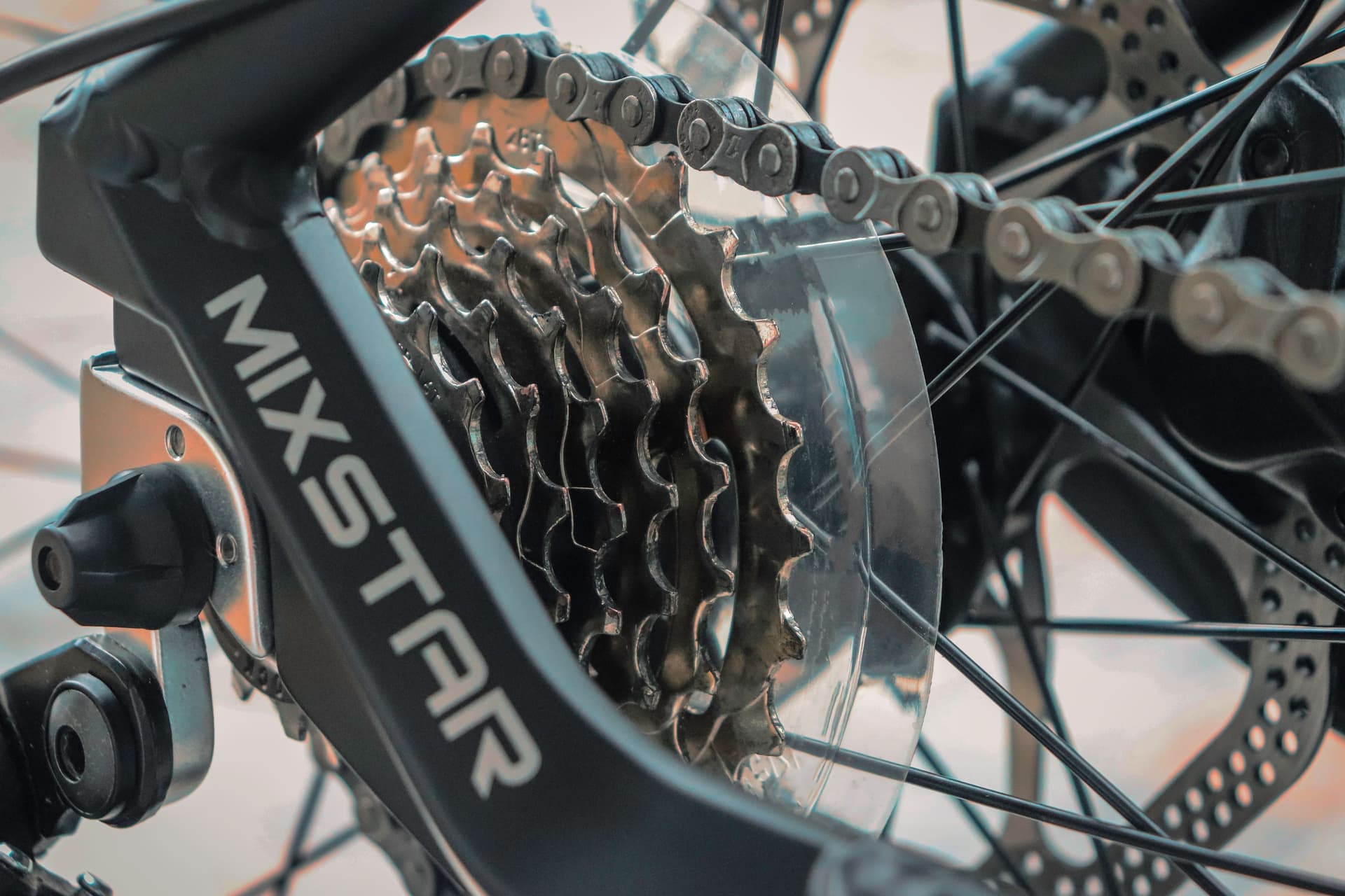A bicycle cassette and chain photographed close up from the drive side.