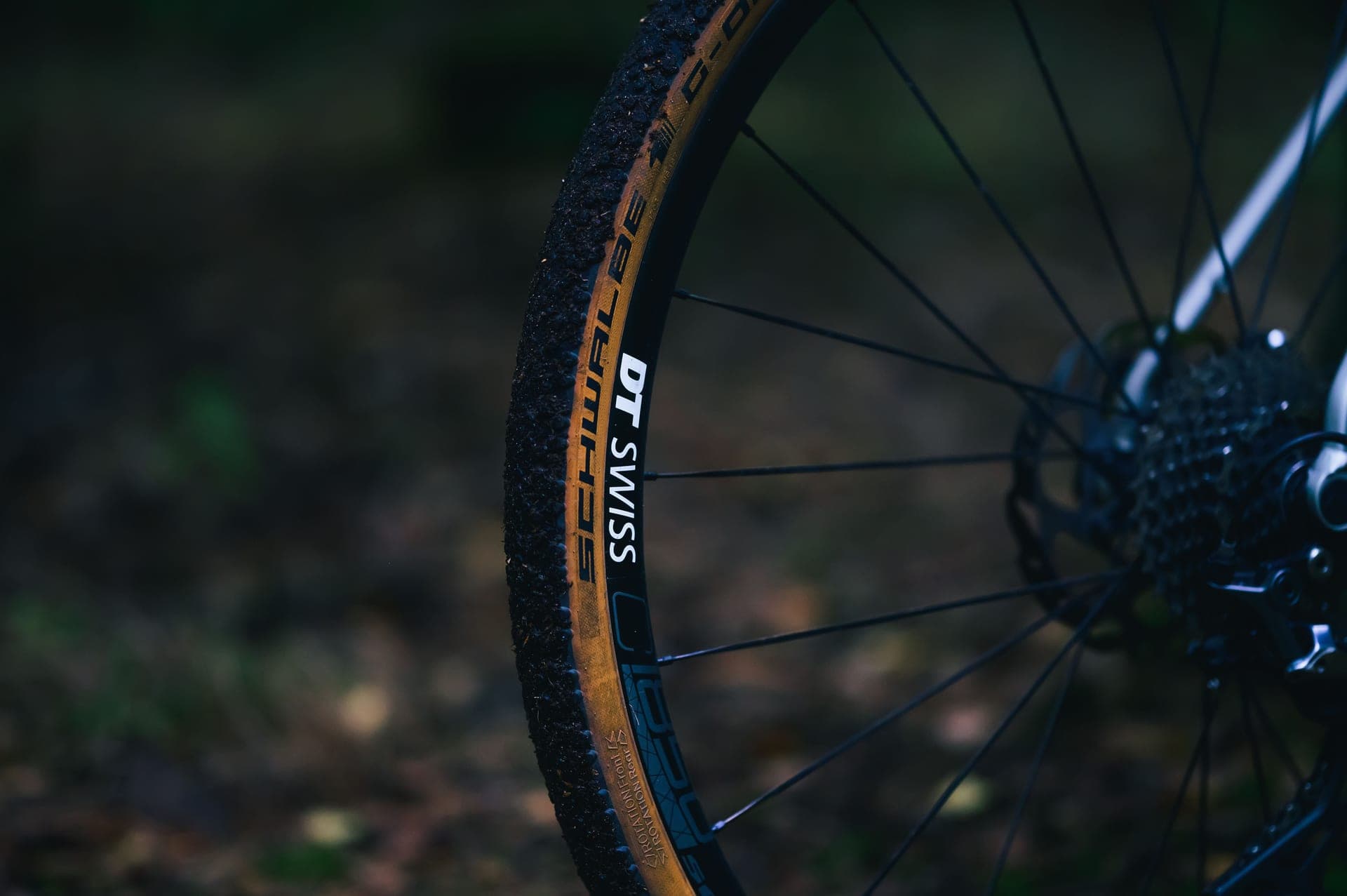 A tubeless bicycle wheel and tire on a workshop bench.
